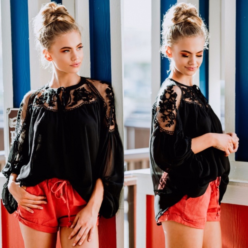 Sheer Tie-Front Lace Detail Top - BLACK - Picture 1 of 4